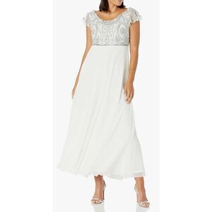 J Kara Women's Back and Front Cowlneck Beaded Short Sleeve Gown